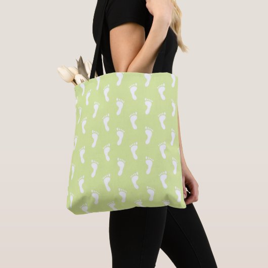 TOTE BAG PASTEL LIME VERT AVEC PETIT PIEDS BÉBÉ BLANC (De près)