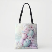 TOTE BAG PASTEL PINK & GREEN EASTER EGGS & FLOWERS (Devant)