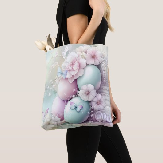 TOTE BAG PASTEL PINK & GREEN EASTER EGGS & FLOWERS (De près)