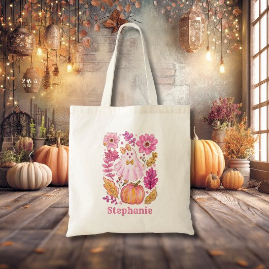 Tote Bag Pastel Pink Halloween Ghost with Custom Name