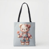 Tote Bag Pastel Teddy Bear Holding Flower Wear Overalls (Devant)