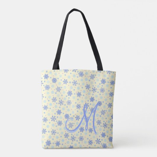 Tote Bag Pastel Yellow Snowflakes Moderne Élégant Monogramm (Dos)