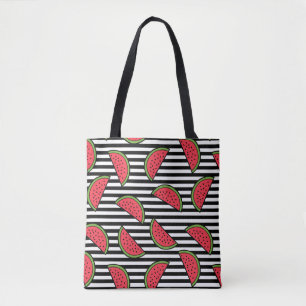 Tote Bag Pastèque sur le motif noir et blanc de rayures