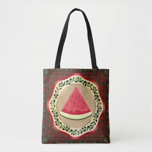 Tote Bag pastèque sur plaque d'olive avec tatreez palestini (Devant)
