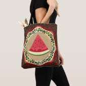 Tote Bag pastèque sur plaque d'olive avec tatreez palestini (De près)