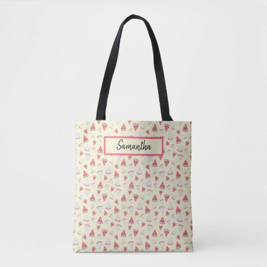 Tote Bag pastèques roses sur Monogramme jaune pâle (Devant)