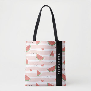 Tote Bag Pastèques Rouges, Coeurs, Bandes, Votre Nom