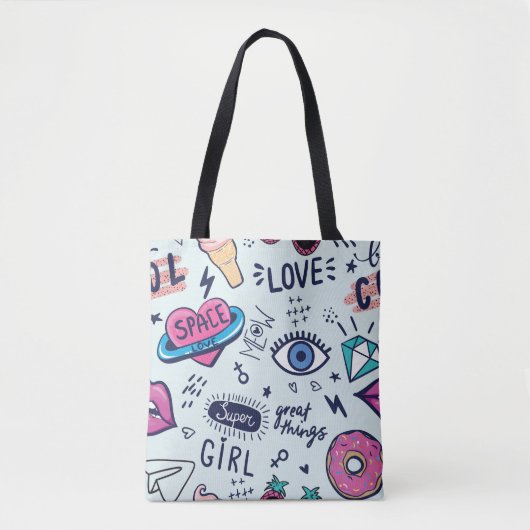 Tote Bag Patch de mode : Stickers Pop Art. (Devant)