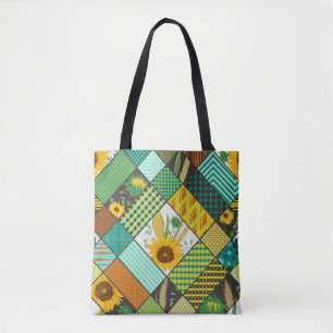 Tote Bag Patchwork de céréales, tournesols, motif géométriq