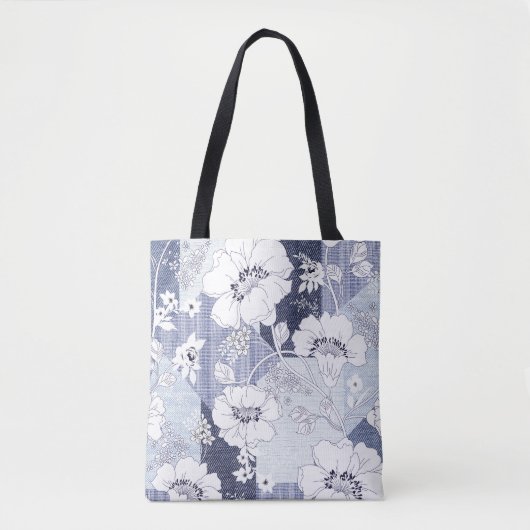 Tote Bag Patchwork de fleur de denim, motif sans soudure. (Devant)