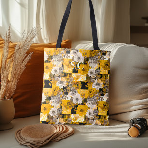 Tote Bag Patchwork Floral Élégant avec Jaune, Gris, Noir