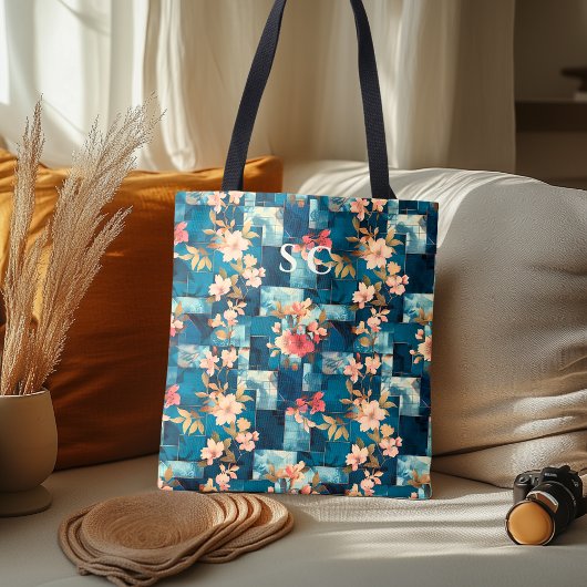 Tote Bag Patchwork Floral & Géométrique avec Fleurs de Ceri