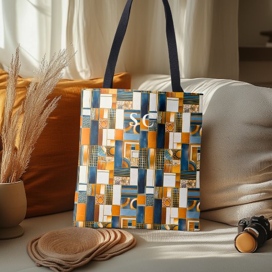 Tote Bag Patchwork géométrique d'automne avec orange et ble