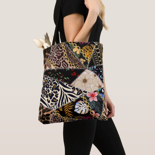 Tote Bag Patchwork Leopard : Ethnic Lining Design. (De près)