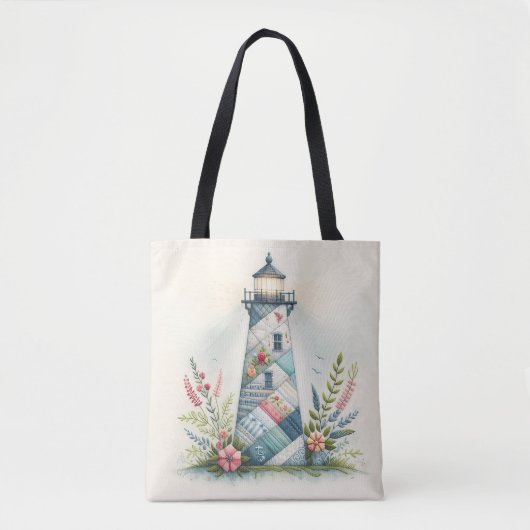 Tote Bag Patchwork Lighthouse Coastal Floral Scene (Devant)