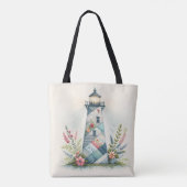 Tote Bag Patchwork Lighthouse Coastal Floral Scene (Dos)