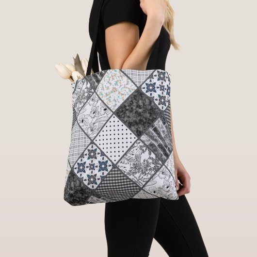 Tote Bag Patchwork monochrom noir gris blanc patc (De près)