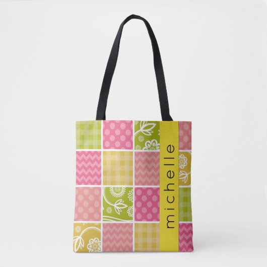 Tote Bag Patchwork, Zigzag, Pois, En vichy, Votre Nom (Devant)
