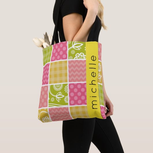 Tote Bag Patchwork, Zigzag, Pois, En vichy, Votre Nom (De près)