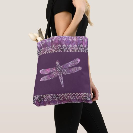 Tote Bag Patine pourpre : Libellule en filigrane (De près)