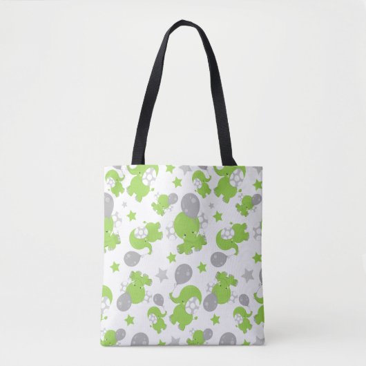 Tote Bag Pattern of Green Elephants, Cute Elephants, stars (Devant)