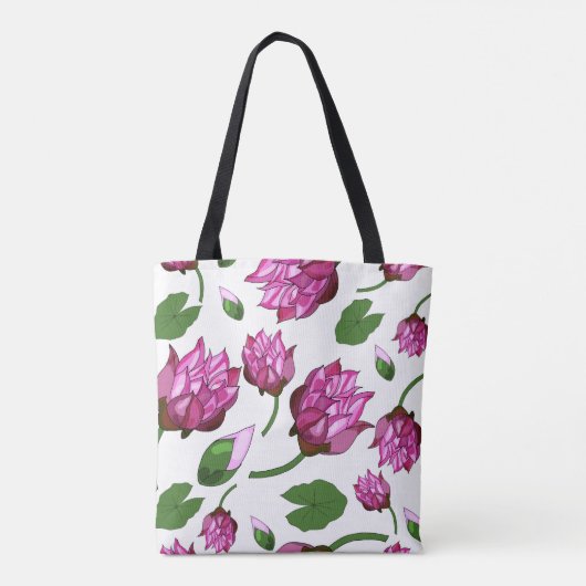 Tote Bag Pattern with lotuses and leaves on a white backgro (Dos)