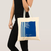 Tote Bag Paume tropicale ; Rayures bleues et blanches (Devant (produit))