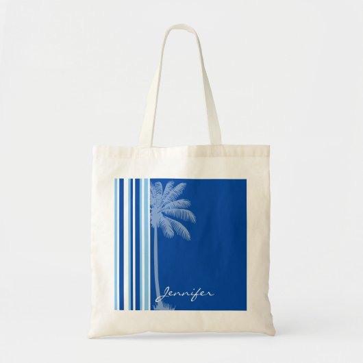 Tote Bag Paume tropicale ; Rayures bleues et blanches (Devant)