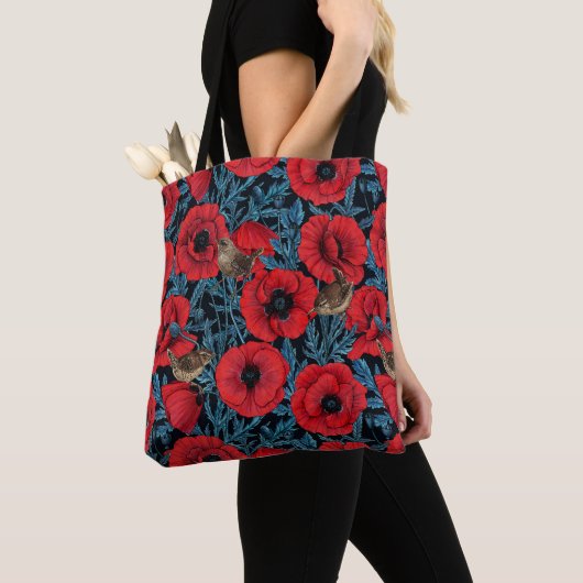 Tote Bag Pavot rouge et brunes, feuilles bleus sur noir (De près)