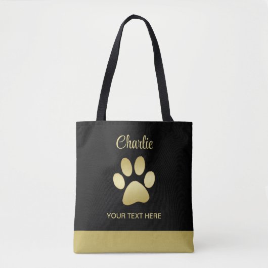 Tote Bag Paw chien brillant or sur arrière - plan noir (Devant)
