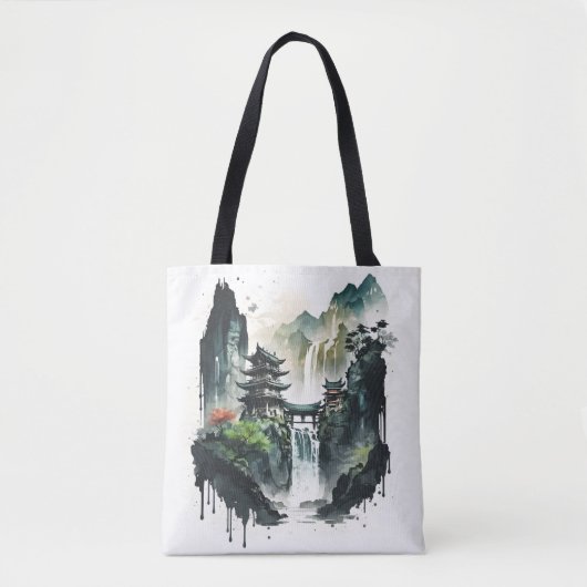 Tote Bag Paysage antique de l'encre chinoise avec cascade (Devant)