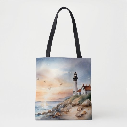 Tote Bag Paysage côtier paisible Phare d'aquarelle (Devant)