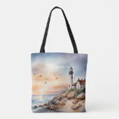 Tote Bag Paysage côtier paisible Phare d'aquarelle (Dos)