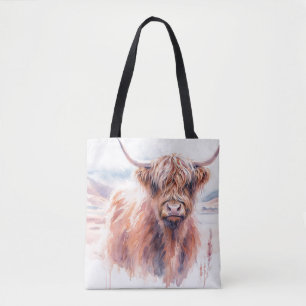 Tote Bag Paysage de vache Highland Aquarelle
