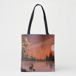 Tote Bag Paysage du lever du soleil avec lac et Deers-51207