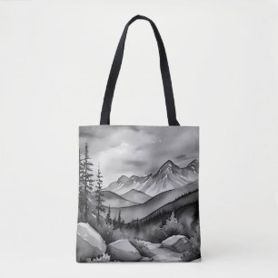 Tote Bag Paysage noir et blanc peinture de montagnes