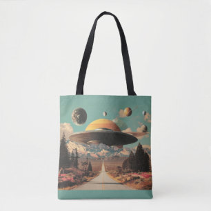 Tote Bag Paysage surréaliste avec route, OVNI et Saturne