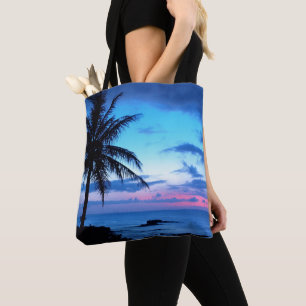 Tote Bag Paysage tropical d'île coucher de soleil rose bleu