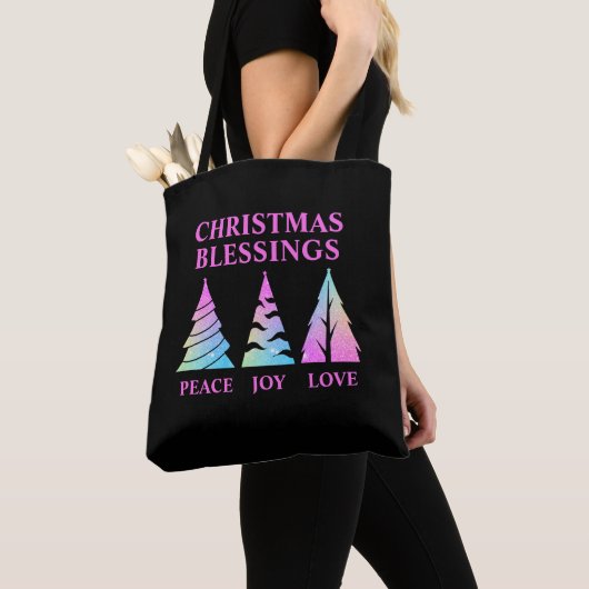 Tote Bag Peace Joy Love Christmas Trees Customable Text (De près)