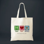 Tote Bag Peace Love Archery Cute Personnalisable<br><div class="desc">Un sac fourre-tout personnalisé de tir à l'arc. Belle coutume Peace Love Sacs de tir à l'arc avec un signe de paix vert,  coeur rouge,  et une cible pour un archer.</div>