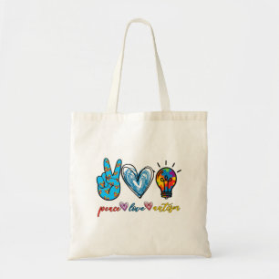 Tote Bag Peace Love Autism Puzzle Ribbon Autism Awareness P
