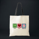 Tote Bag Peace Love Cupcakes Cute Baker<br><div class="desc">Un joli cadeau amoureux de cupcake pour un boulanger qui aime faire des sucreries et des desserts dans une boulangerie. Un panneau de tranquillité,  un coeur et un joli cupcake rose.</div>