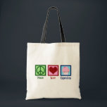 Tote Bag Peace Love Cupcakes Cute Baker<br><div class="desc">Un joli cadeau amoureux de cupcake pour un boulanger qui aime faire des sucreries et des desserts dans une boulangerie. Un panneau de tranquillité,  un coeur et un joli cupcake rose.</div>