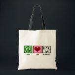 Tote Bag Peace Love Dalmatiens<br><div class="desc">Un signe de paix, un coeur, et un mignon chien dalmate.</div>