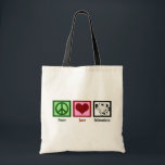 Tote Bag Peace Love Dalmatiens<br><div class="desc">Un signe de paix, un coeur, et un mignon chien dalmate.</div>