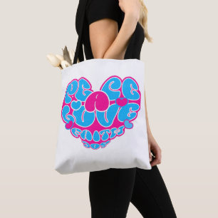 Tote Bag Peace Love Faith Joy Aqua Pink Heart Retro Fourre-