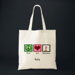 Tote Bag Peace Love Gymnastique Cute Gymnaste personnalisée<br><div class="desc">Un signe de paix,  un coeur,  et un gymnaste faisant un stand sur un faisceau. Un joli cadeau Peace Love Gymnastique pour un entraîneur ou une équipe de gymnastique féminine compétitive.</div>