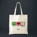 Tote Bag Peace Love Gymnastique Cute Gymnaste personnalisée<br><div class="desc">Un signe de paix,  un coeur,  et un gymnaste faisant un stand sur un faisceau. Un joli cadeau Peace Love Gymnastique pour un entraîneur ou une équipe de gymnastique féminine compétitive.</div>