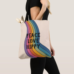 Tote Bag Peace Love Hippy Retro 60s Flower Motif