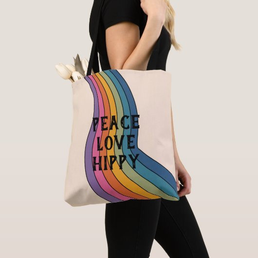 Tote Bag Peace Love Hippy Retro 60s Flower Motif (De près)